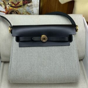 REPLICA Hermes Herbag Zip 20 Bag in Grey Canvas and Black Hunter Calfskin